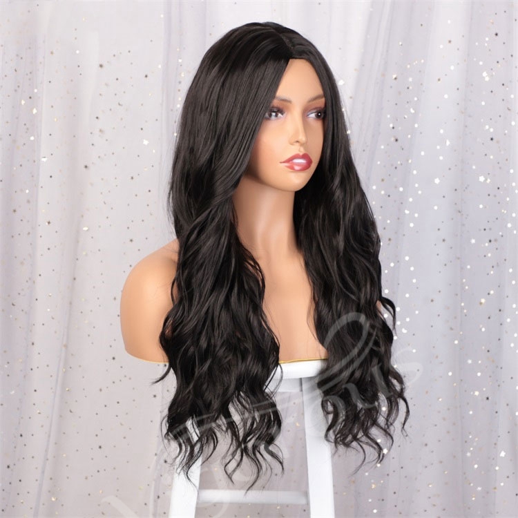 Vigorous Daily Use Women hair Long Wavy Middle Part Synthetic Black For Black Women Heat Resistant Fiber Wigs Wholesale