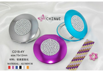 Small round Foldable makeup mirror/ handheld professional staninless rail makeup mirror with rhinestones