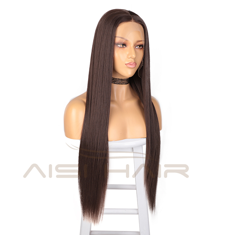 Aisi Hair Long Silky Straight Wave Brown Wig Cheap Swiss Lace Wig Synthetic Hair Lace Frontal Wigs For Black White Women