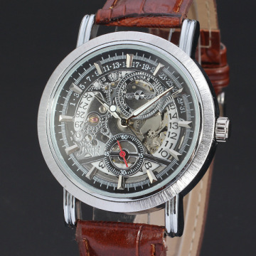 fashion skeleton men watch with multi function leather band watch