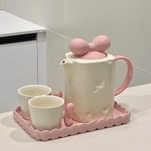 Cheese-Inspired Ceramic Tea Set with Pink Ribbon