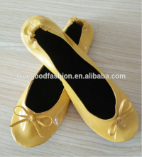 Yellow Patent-Leather Foldable Bowed Ballet Flat Shoes