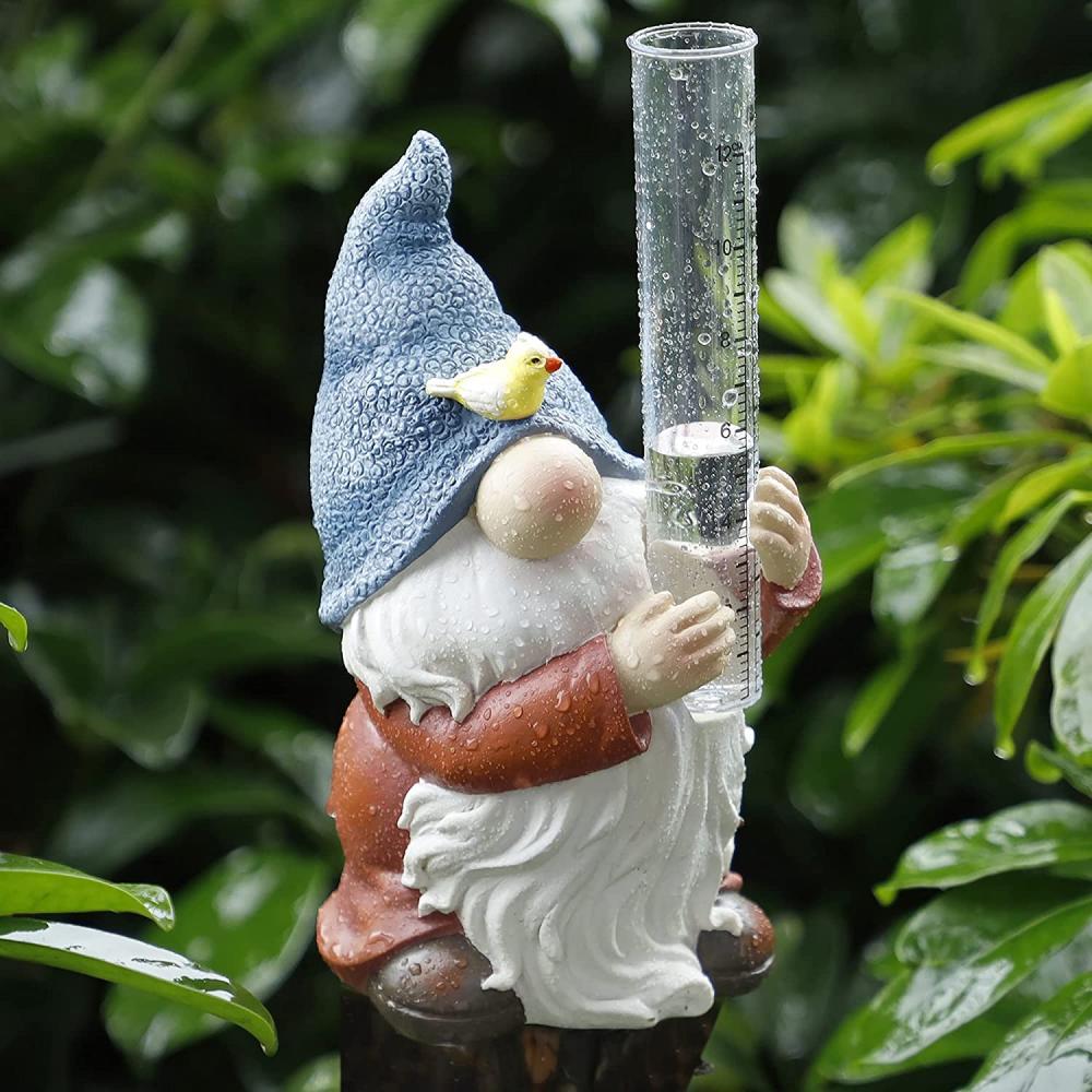 รูปปั้นสวน Resin Gnome พร้อมมาตรวัดฝนพลาสติก