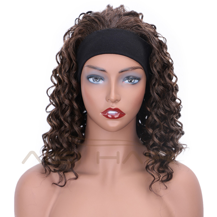 Aisi Hair Afro Curly High Temperature Fiber Synthetic Wigs with Headband Mixed Brown Color Short Curly Wigs for Black Women