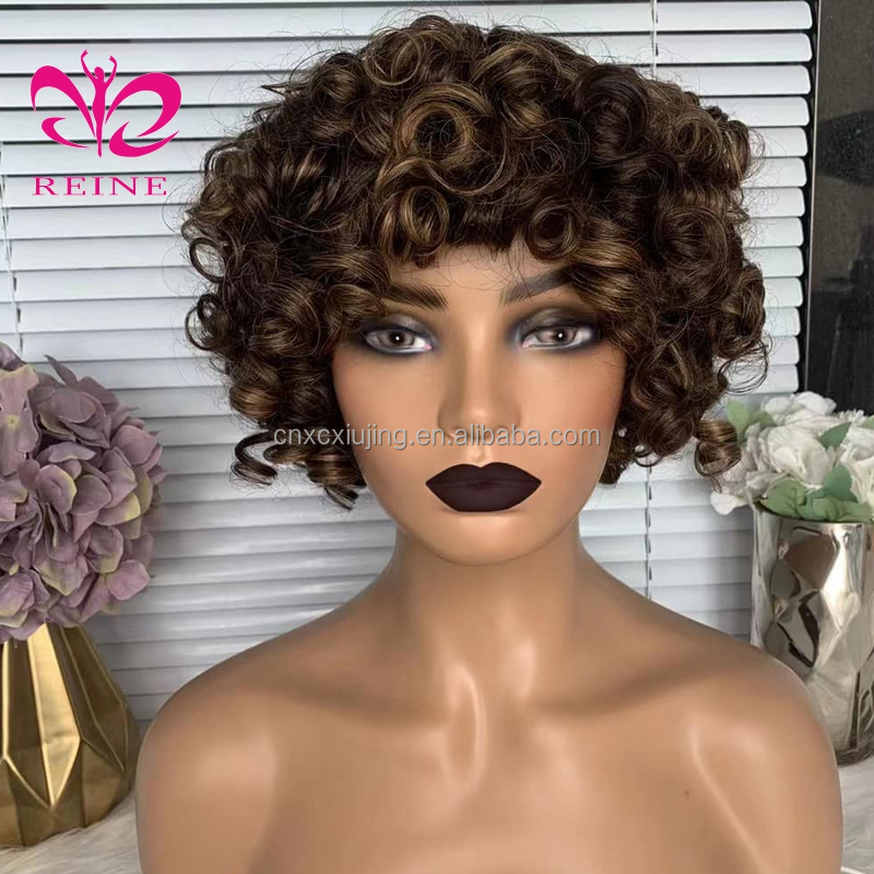 99J Short Bob Curly Wig for Women Burgundy Colored Bouncy Curly Human Hair Wigs with Bangs Full Machine Made Brazilian Remy Hair