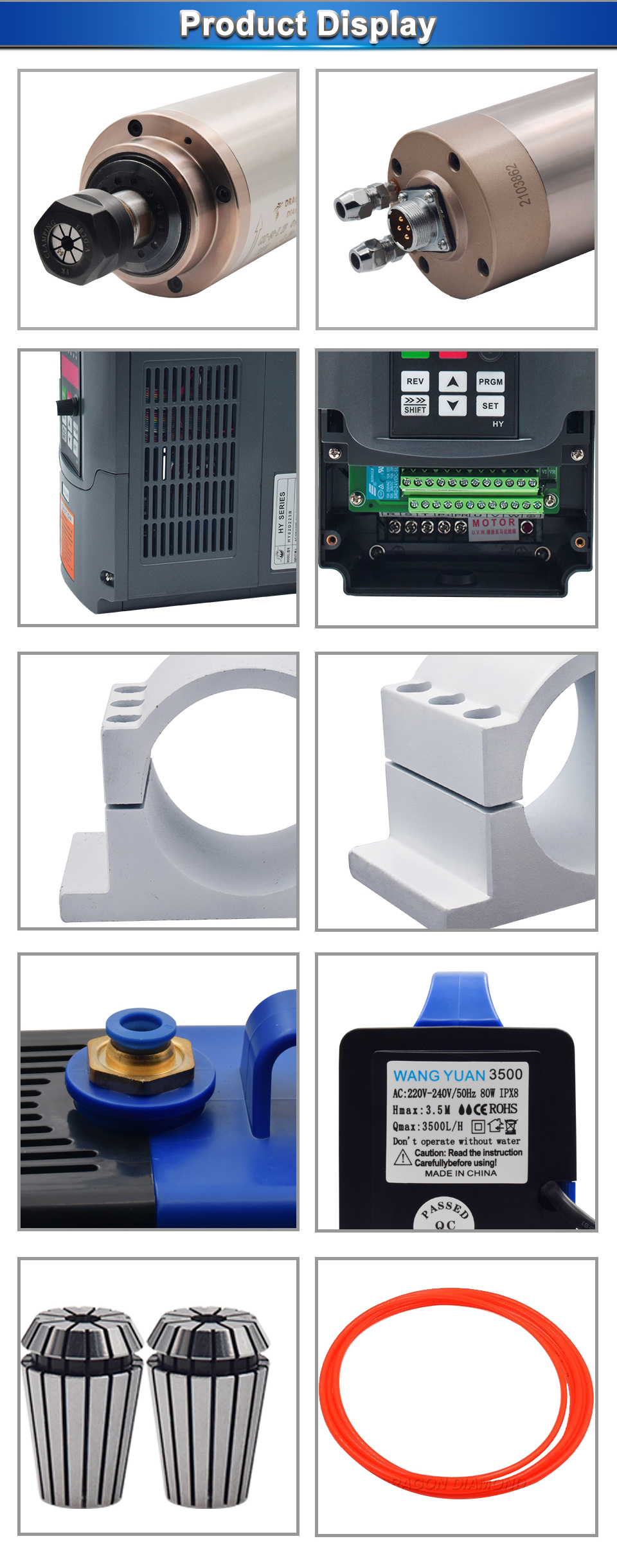 VFD HY Inverter 1.5kW 2.2kW 3kw 4.5kw 5.5kw HQD 2.2kw ER20 water cooled spindle motor kit  220v/380v CNC wood working  spindle