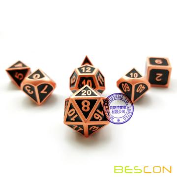 Bescon Deluxe Copper y Black Enamel Solid Metal Polyhedral Role Playing RPG Game Dice Set de 7 con bolsa con cordón libre