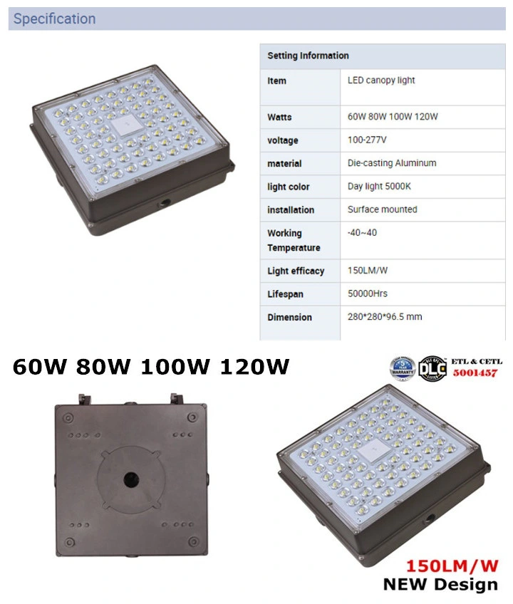 100W LED Canopy Light for Gas Station/Stadium/Metro Station