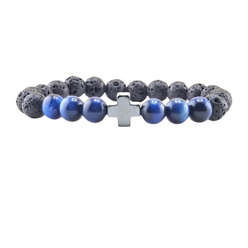 Handcrafted Hematite & Blue Tiger Eye Beaded Bracelets with Cross Design