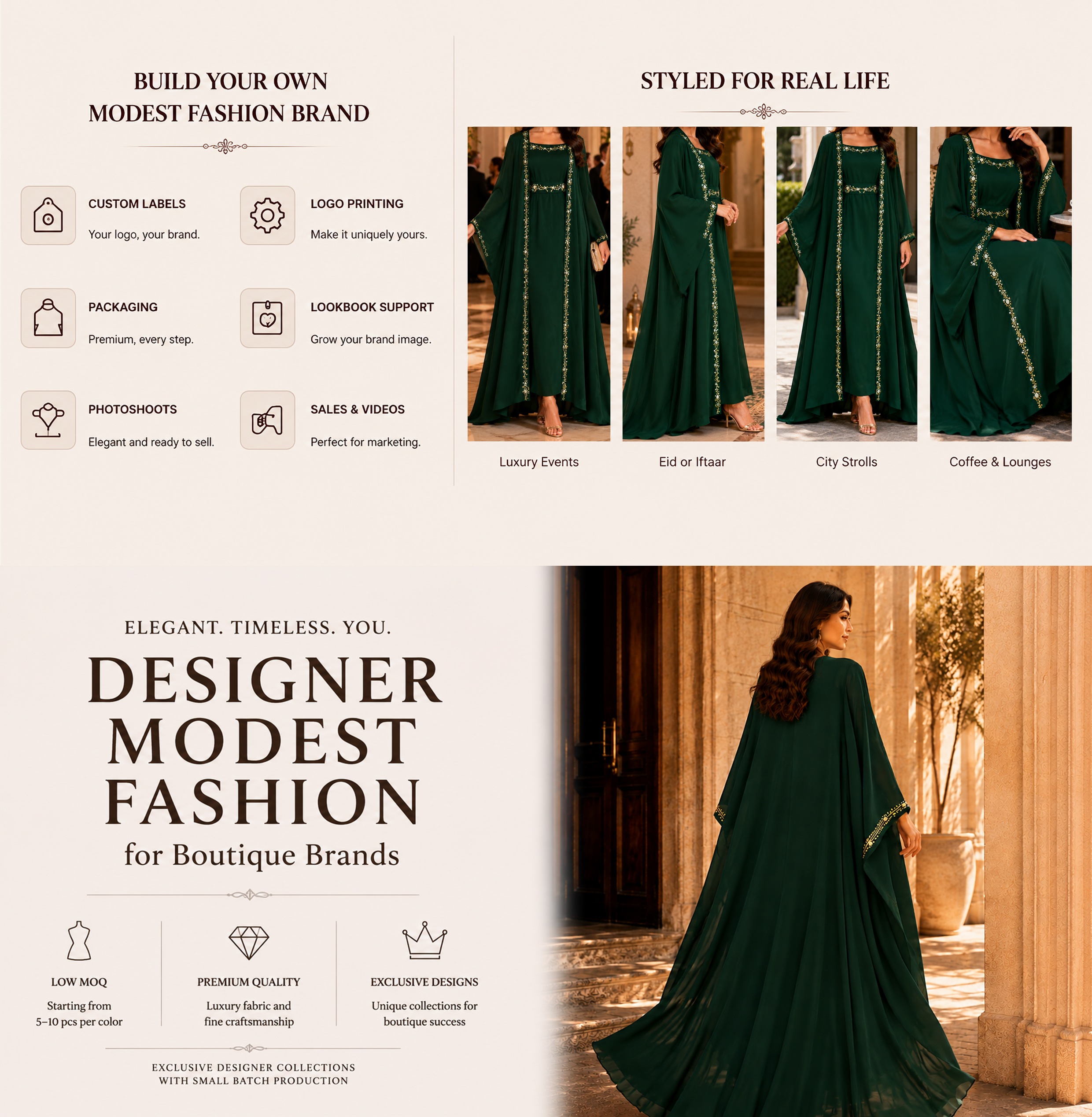 یک ظاهر طراحی لیبل خصوصی عبای باز گلدوزی شده سبز زمردی Private label styling options for emerald green embroidered open abaya