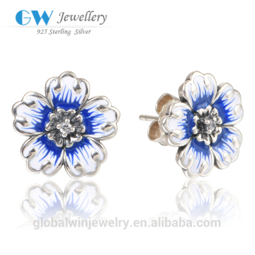 Blue Enamel Flower Earring CZ Stud Earring For Women