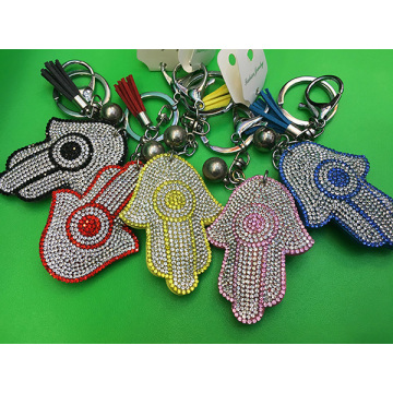 Fatima's Hand Rhinestone Tassel Multicolour Leather Keychain Keyring