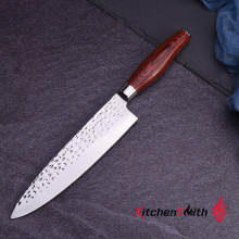 Hammered kitchen chef knife with color wood handle