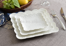 Wholesale Europe style White flouncy Square ceramic plate with embossed design