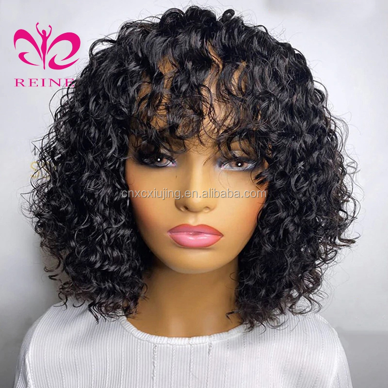 Curly Human Hair Wigs For Black Women Brazilian Remy Hair Fringe  Wig With Bangs Pre Plucked 8"-24"Inches Natural Black
