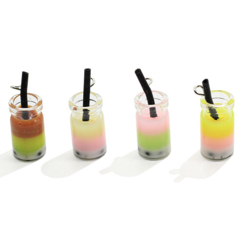 Colorful Pearl Milk Tea Glass Bottle Resin Cabochon Drink Cup Keychain Making Diy Pendants Jewelry Ornament