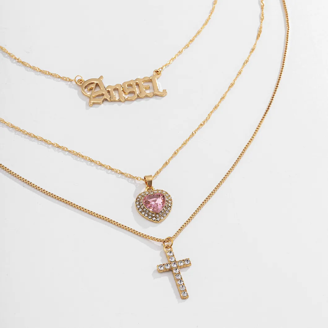 Wholesale Jewelry Fashion Alloy Letter Multi-Layer Cross and Heart Necklace