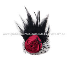 Beautiful Rose Feather Brooch, Wholesale, Made of Mesh, Fabric and Feather