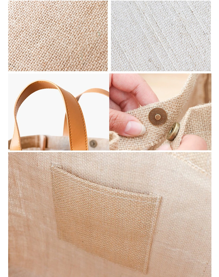 Freestanding Custom Durable Burlap Material Inside Water-Resistant PE Coating Eco-Friendly Reusable Jute Grocery Tote Bags Shopping Bag with PU Leather Handle