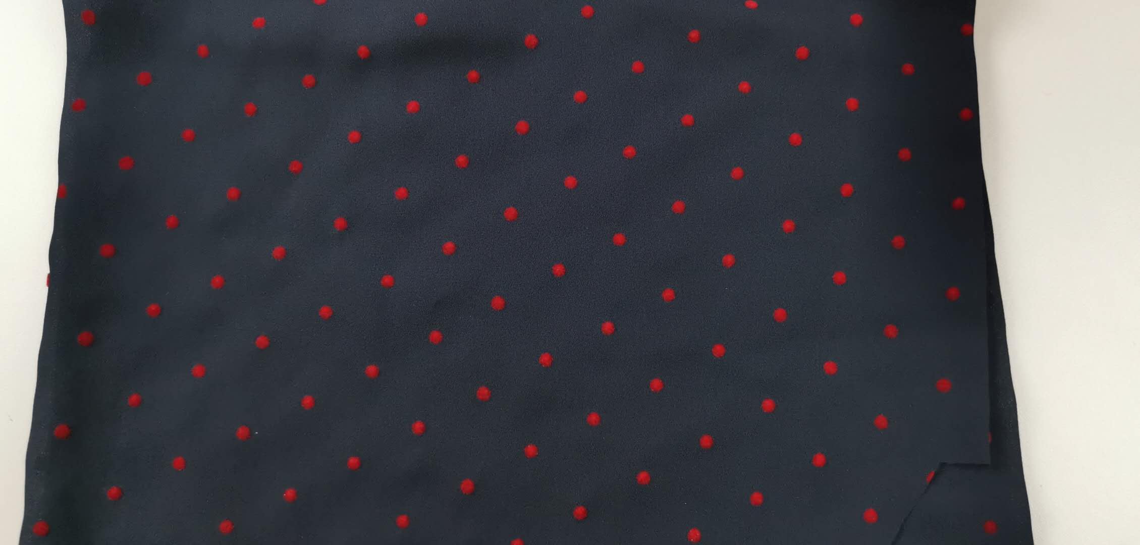 100% Polyester moss crepe with Red flocking dots Inelasticfabric