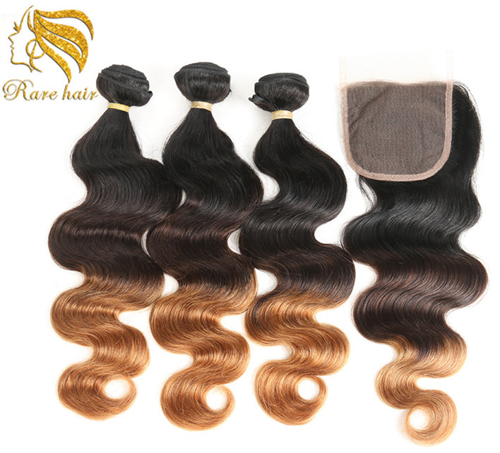 Classic Natural Pre Dyed Ombre Color Brazilian Body Wave Hair Bundles With Closure 1B 4 30  Human Hair Bundles with Lace Closure