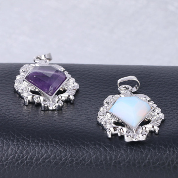Silver Alloy Natural Faceted Diamond Gemstone Mirror Pendant