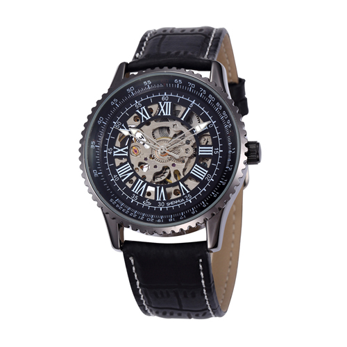 oem luxury genuine leather band automatic skeleton black man watches