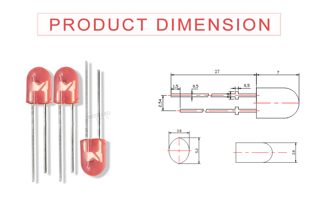 Size of 546FRD62D3L14 Oval shaped LED 5mm Red Oval LED