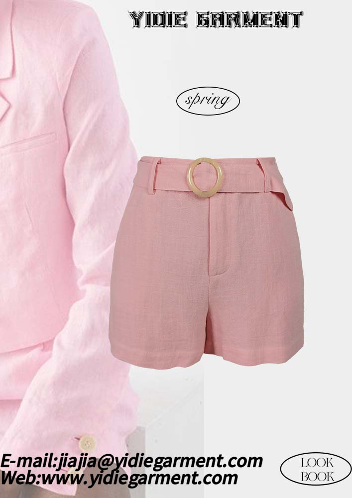 Women's Pink High-waisted Linen Pleated Shorts