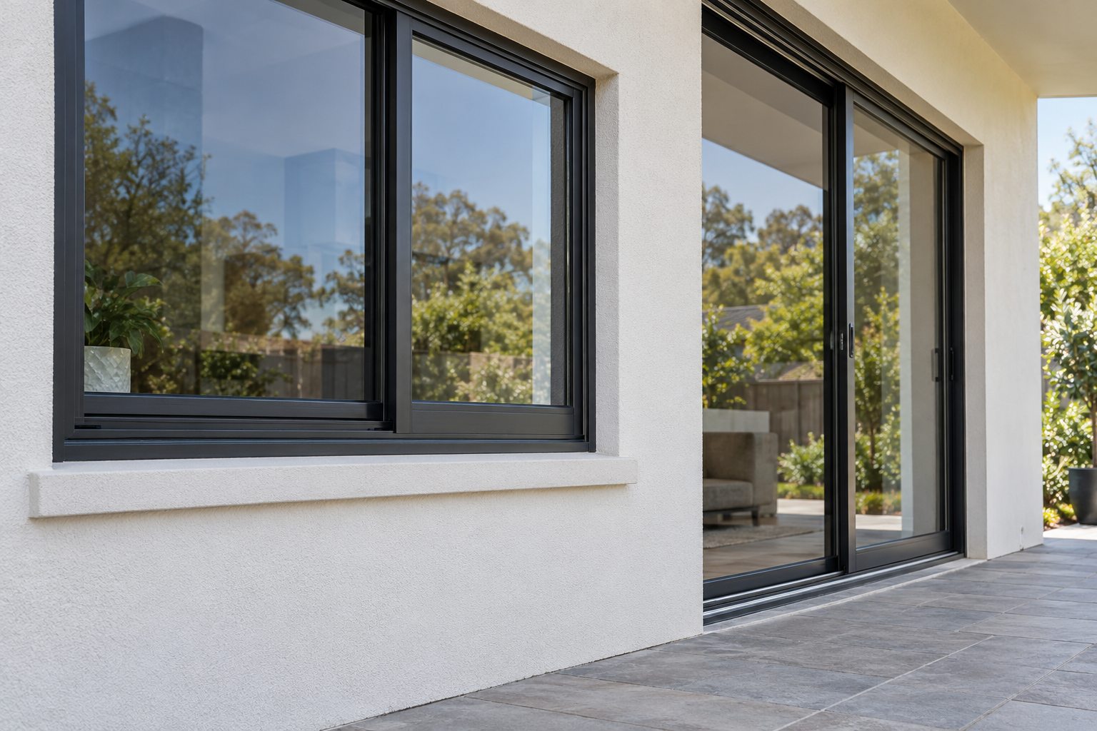 Illustrative window sill and door track requiring separate water-management details Distinct sliding window sill and sliding patio door threshold in one rendered exterior wall