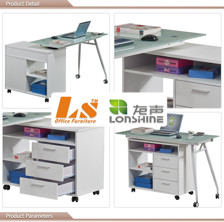 Custom Made L Shaped Glass Computer Desk With Wheels