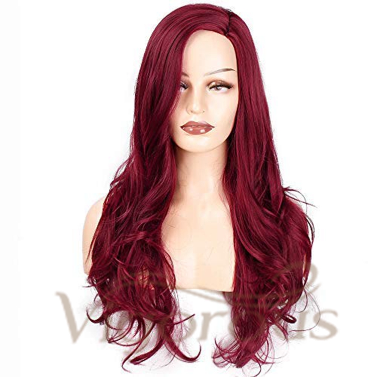 Vigorous Wholesale Cheap Side Part Burgundy Heat Resistant Fiber Body Wave Machine Made For Black Women Synthetic Hair Wigs