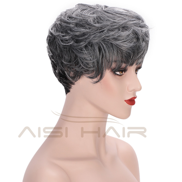 Aisi Hair Heat Resistant Fiber Straight Short Hair Bob Wigs with Neat Bangs Grey Mixed Black Short Bob Wigs for Women
