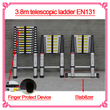 3.8m single straight telescopic aluminum ladder with stabilizer