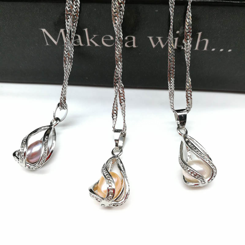Water Drop Cage Pendant with Water Wave Chain Necklace