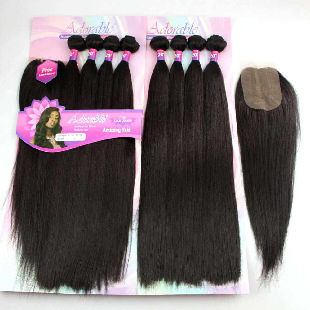 Adorable pack hair 4 bundles braiding hair extension and a closure, Yaki straight protein fiber hair weave 20"22"