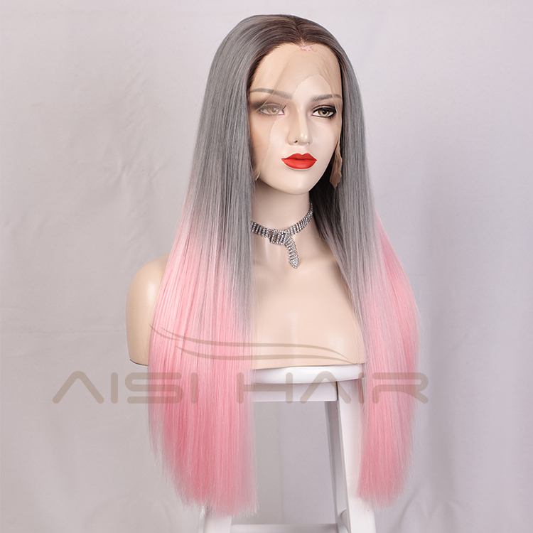Aisi Hair Wholesale Long Silky Straight Ombre Pink Dark Root Lace Wig Middle Part Synthetic Hair Lace Frontal Wigs For Women