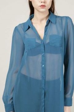 See-through Casual Womens Shirts Blouses , Blue Eco-friendly