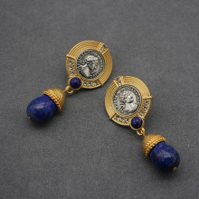 Vintage Jewelry Natural Lapis Lazuli Ancient Coin Earrings