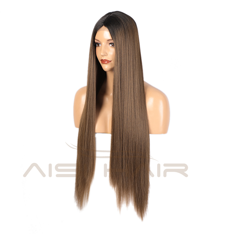 Aisi Hair 30 Inch Long Silky Straight Ombre Brown Dark Root Swiss Lace Wig Cheap Synthetic Hair Lace Front Wigs For Black Women