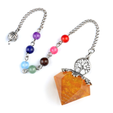 Citrine Chip Stone Resin Silver Diamonds Pendant & Pendulum 7 Chakra Chain