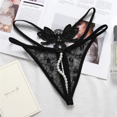 Sexy Lingerie Women Lace Panties Thongs Pearl Pendant Lace Embroidery G-String T-Back Briefs Underwear Adjustable Ladies Panties