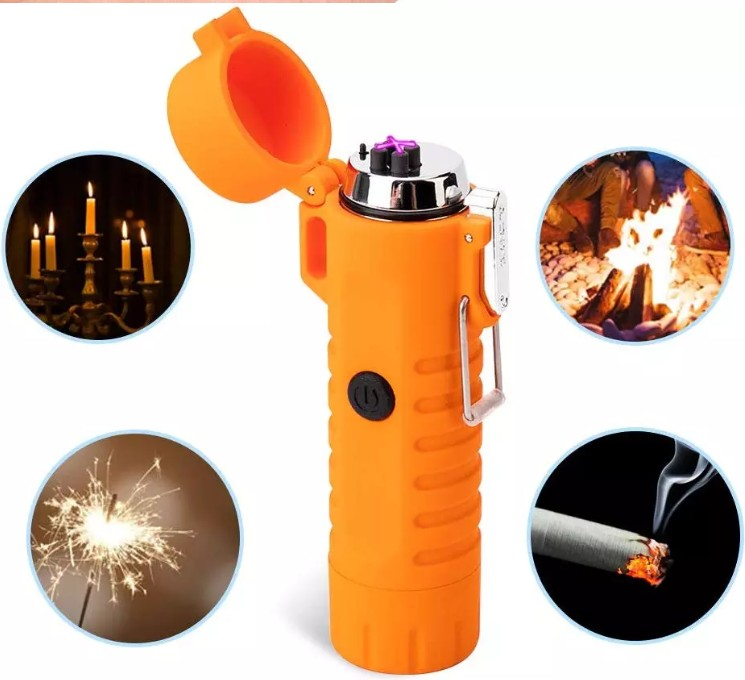 Camping Waterproof Dual Arc Lighter USB Rechargeable Windproof Flameless Electric Cigarette Lighter with LED Flashlight