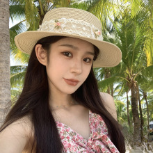 Women's French Lace Bow Tie Straw Hat for Spring/Summer - Big Eaves Sun Protection Flat Top Hat