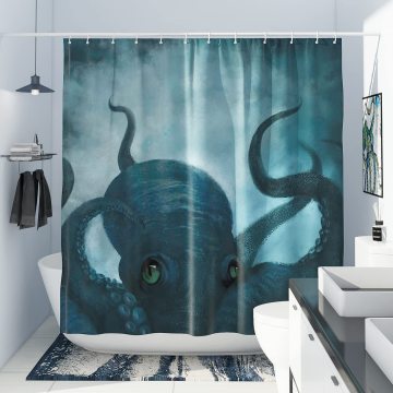 Octopus Pattern Waterproof Polyester Shower Curtain with 12 Hooks