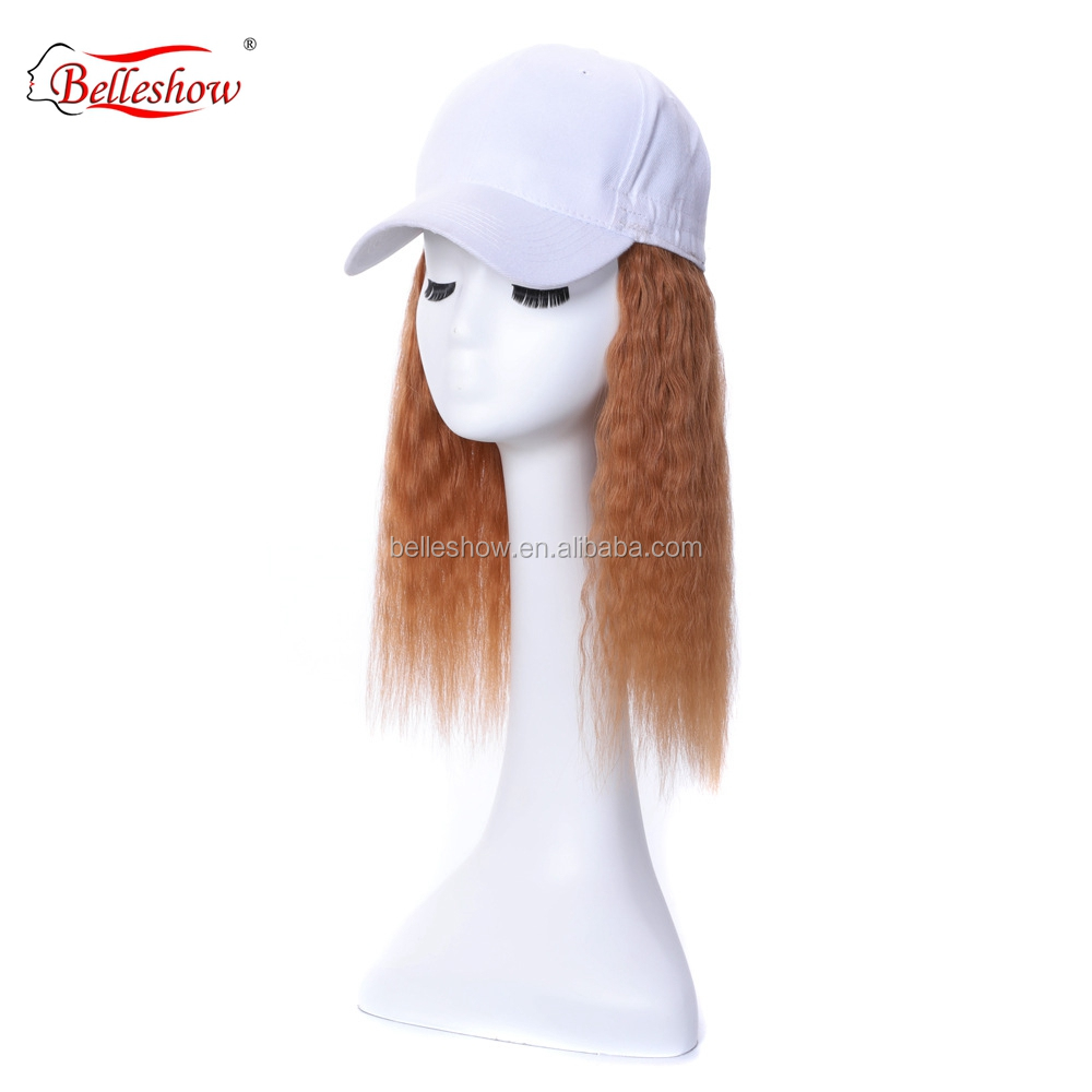 Hot sell synthetic hair and human hair black basketball hat Light brown wool roll hat wig  long curly wig