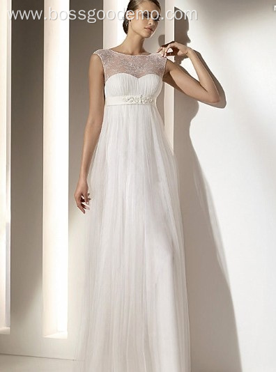 Empire Sheath Column Bateau Neck Floor-length Chiffon Lace Draped Wedding Dress1