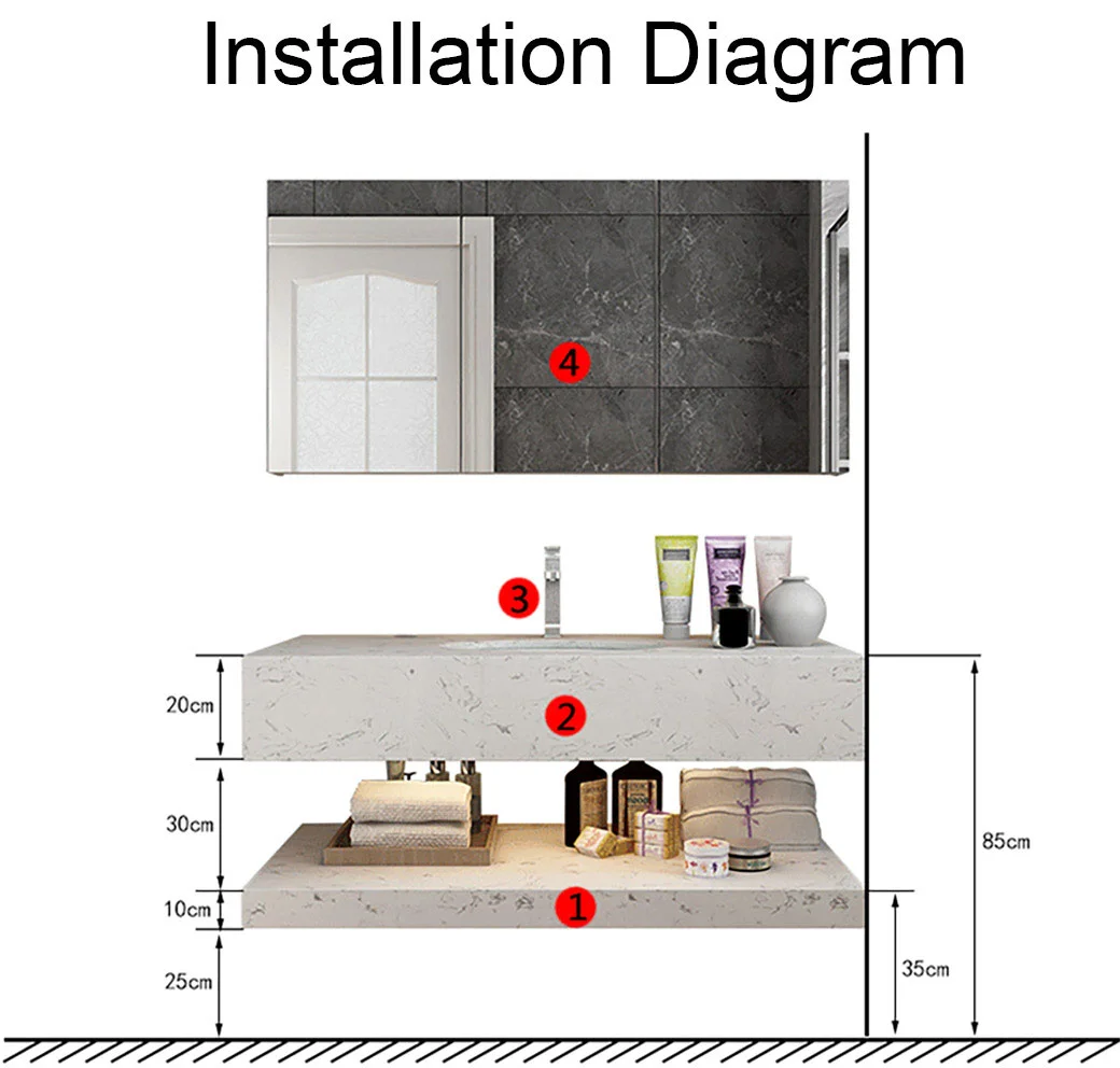 Waterproof LED Wall Hang Mounted Ceramic Wash Hand Basin Bathroom Cabinet Vanity with Artificial Stone Counter