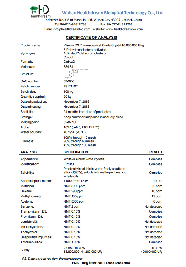 OEM services Vitamin D3 Pure Cholecalciferol Crystal 40,000,000 IU/g