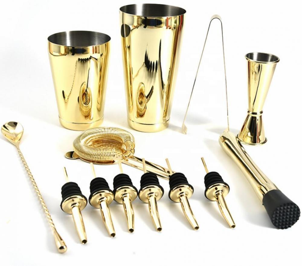 High Quality Unique Custom Logo Perfect Home Bar Gold color Plated Stainless Steel Bar tools Bartender Kit